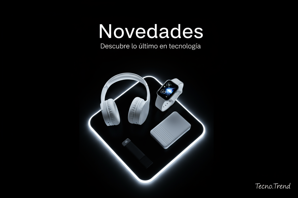 Crea una imagen promocional minimalista en formato cuadrado (1:1) para la sección "Novedades" de una tienda de tecnología llamada Tecno.Trend.

Estilo visual: elegante, moderno, con fondo negro y detalles en blanco.

Elementos visuales: productos tecnológicos genéricos (auriculares, smartwatch, disco duro, luces LED, etc.) dispuestos de forma ordenada y estilizada, con iluminación suave y sombras realistas.

Texto principal sobre la imagen: “Novedades”
Subtítulo más pequeño: “Descubre lo último en tecnologí