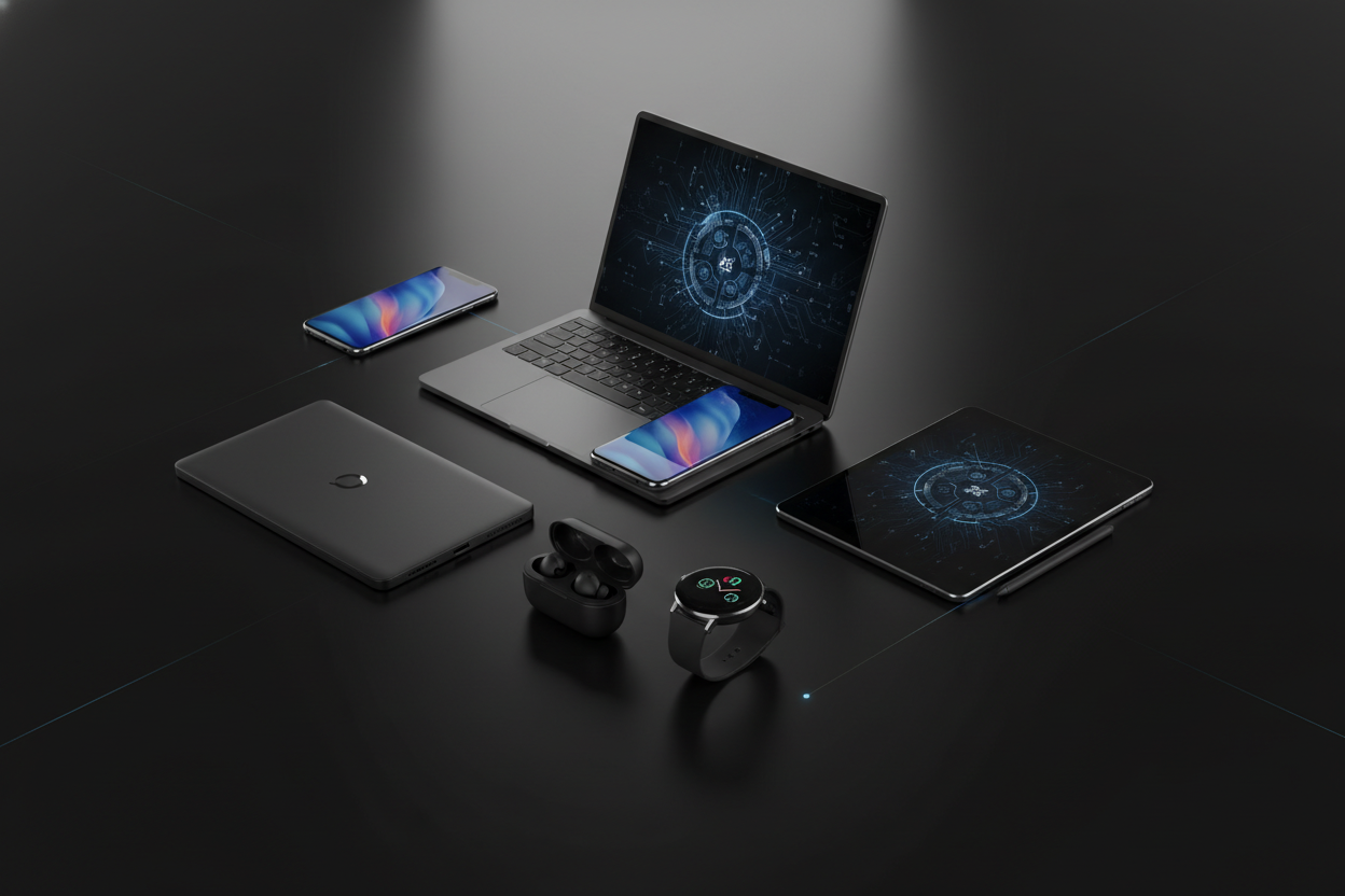 Genera una imagen color negro con para esta parte de mi pagina, quiero que esta imagen este relacionada con los productos tecnologicos